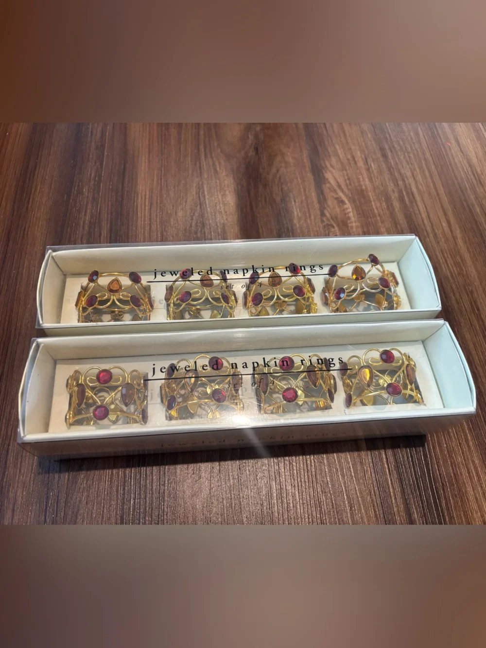 Gold Napkin Rings with Amber Gems - Set of 8